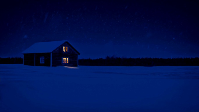 夜晚下雪的乡村房屋
