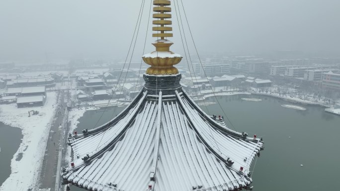 菏泽永安塔雪景航拍1080P 60帧