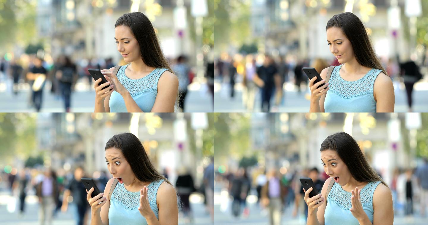 惊讶的女人在街上看手机内容