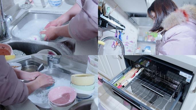女人洗碗做家务素材