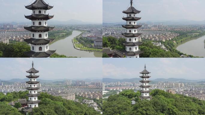 航拍诸暨西施故里旅游景区山顶金鸡塔