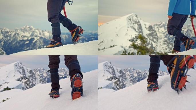 一个徒步旅行者在雪山上行走的双腿特写