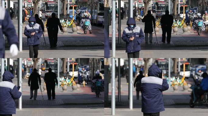 街道拄着单边拐杖的老人过马路背影经过4K