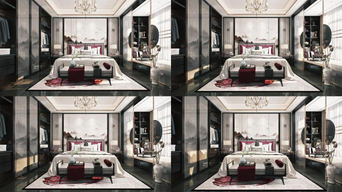 三维动画新中式风格卧室光影动画