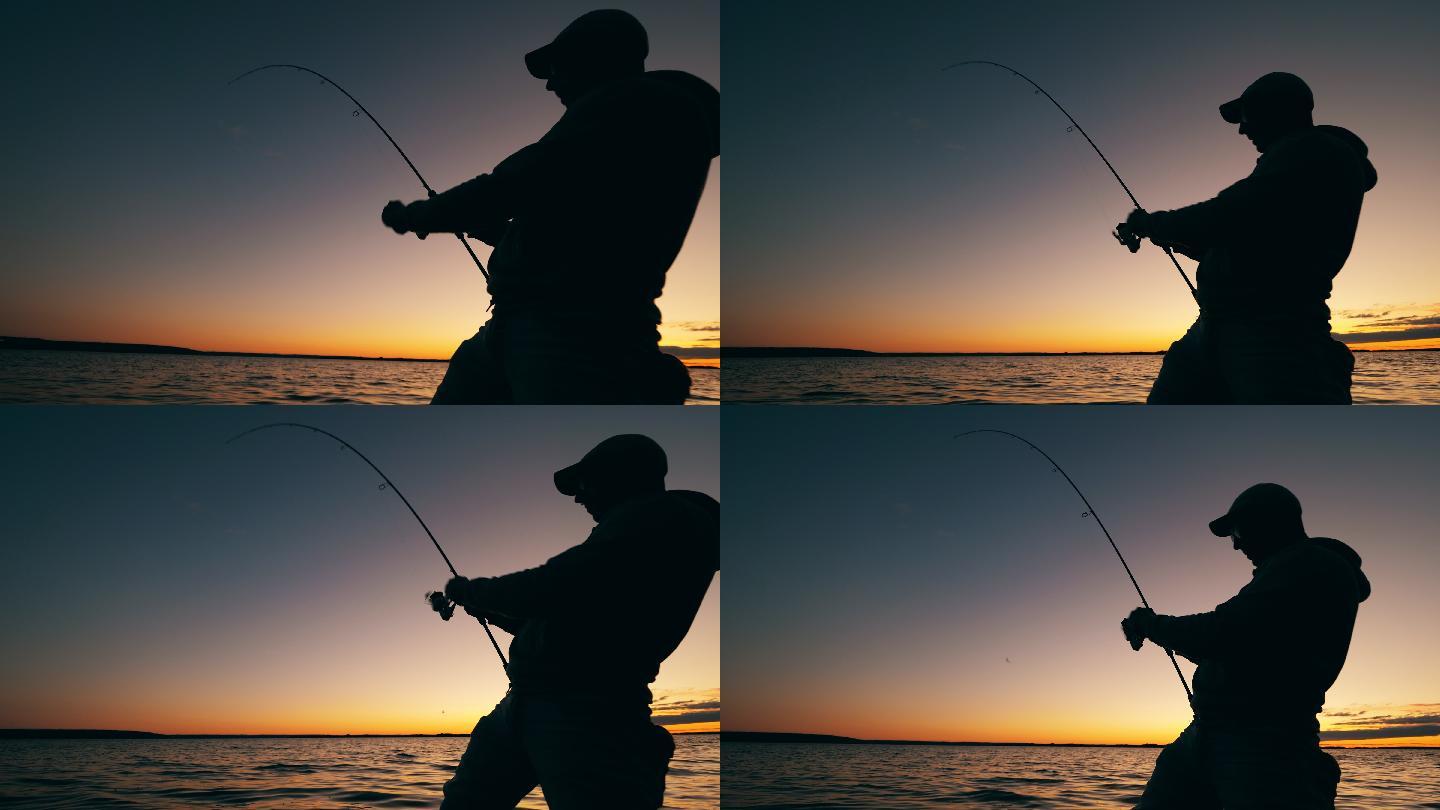 夕阳下的渔夫钓鱼垂钓生活气息休闲唯美