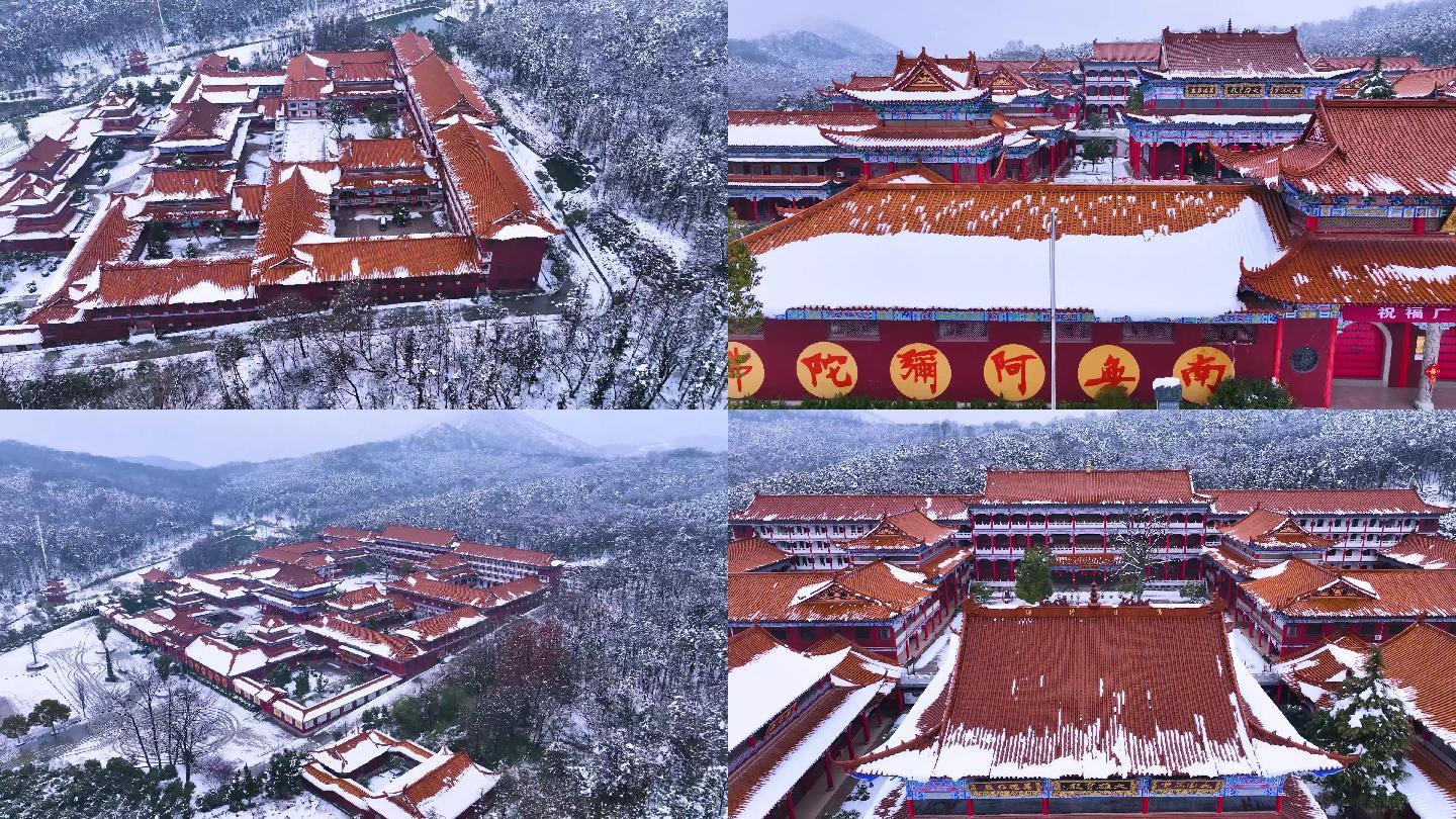 航拍山谷雪景-雪天寺庙