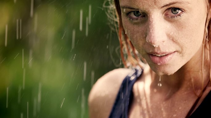 一个女人站在外面淋雨的特写镜头。