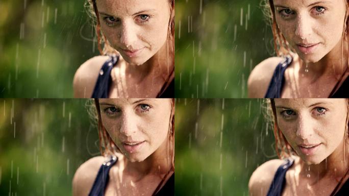 一个女人站在外面淋雨的特写镜头。