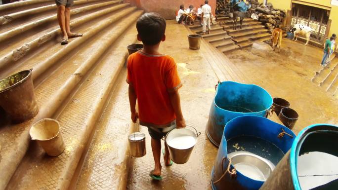 一个印度小男孩提着两桶牛奶