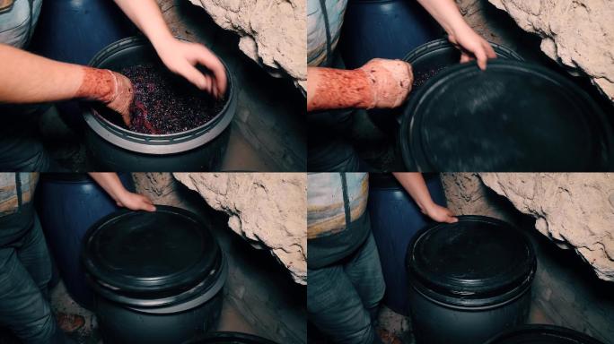 红葡萄酒生产，用葡萄桶封闭发酵