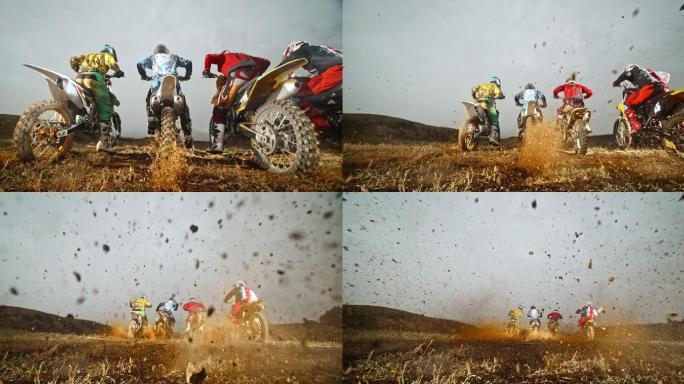 摩托车越野赛选手广告空镜升格慢动作泥土飞