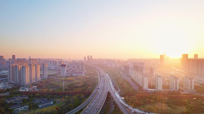 航拍夕阳杭州萧山机场城市大道高架城市风光