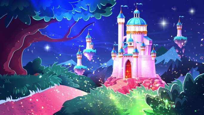 迪士尼粉色漂浮城堡夜景