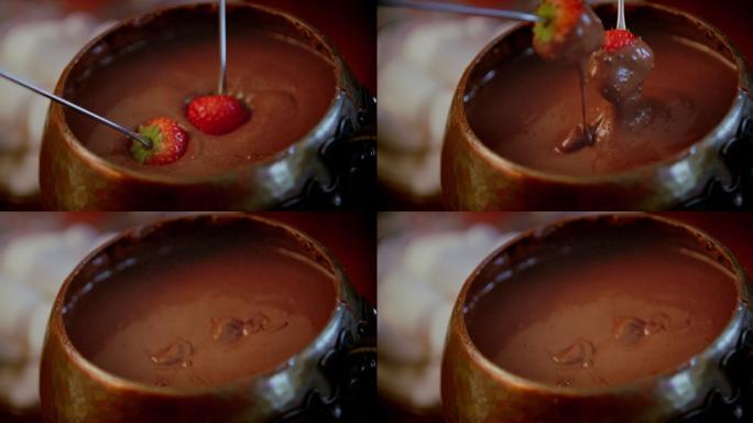 巧克力火锅和水果一起放在锅里