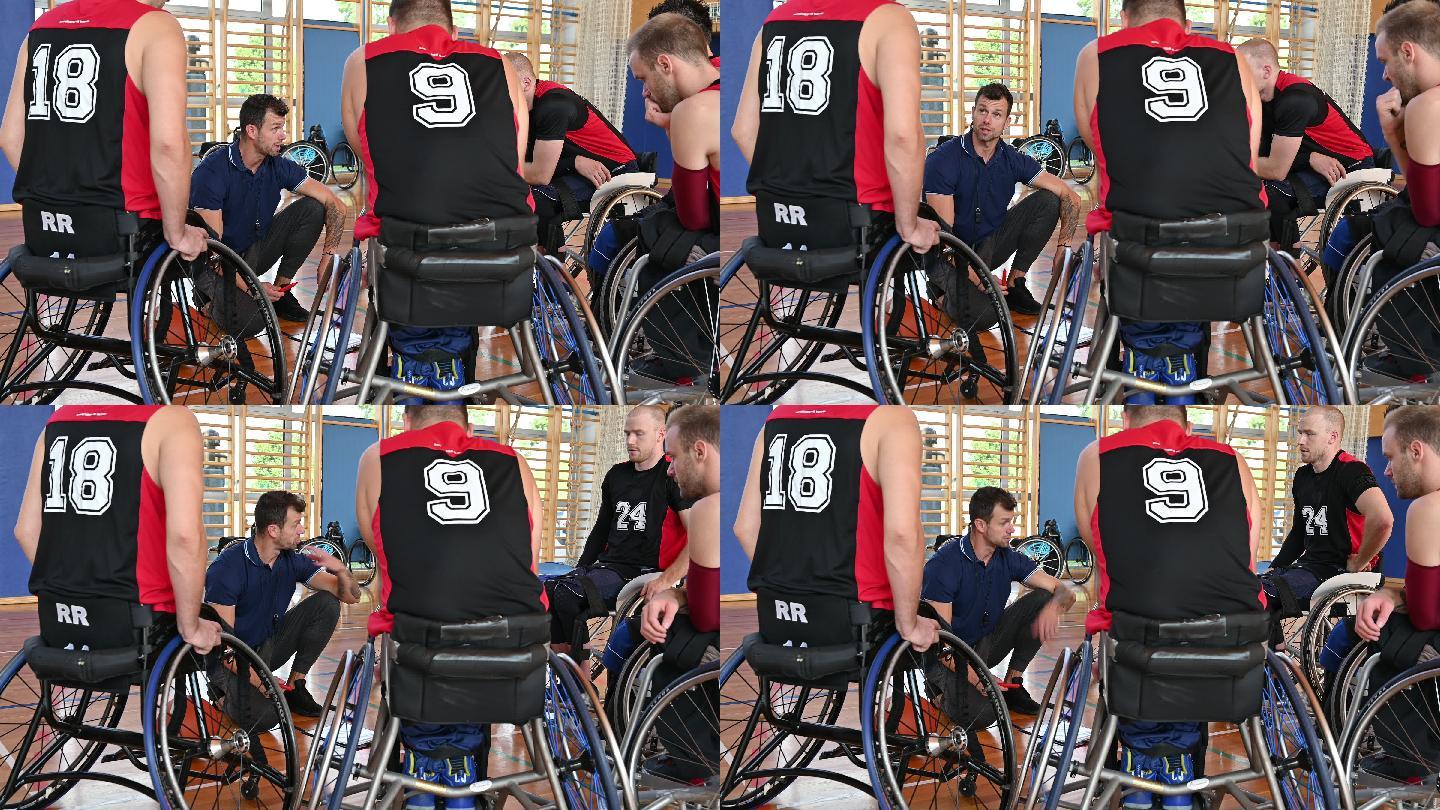 教练在健身房激励轮椅篮球运动员