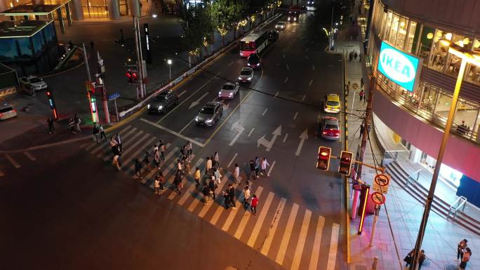 4K原素材-航拍上海南京西路行人斑马线