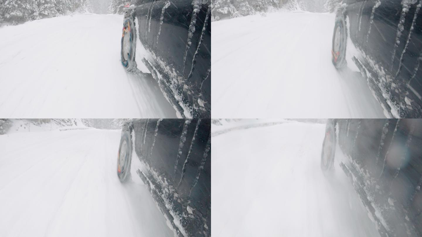 汽车在雪地上行驶严寒捆绑防滑链对抗冰雪