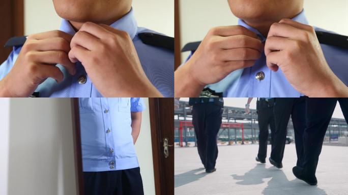 移民局警察整理穿戴警服岗位巡查