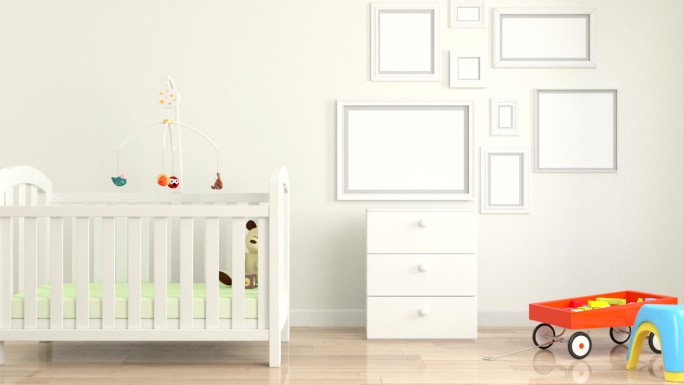 婴儿房、白色家具和空白画框
