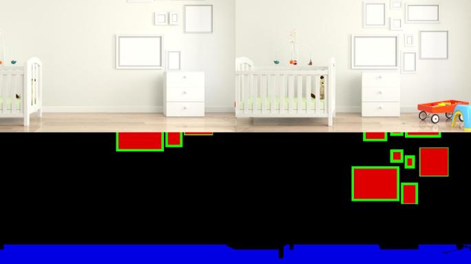 婴儿房、白色家具和空白画框
