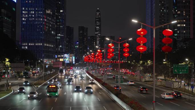 深圳市滨河大道春节灯笼车流夜景