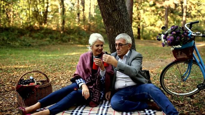 秋天公园里野餐的老夫妇