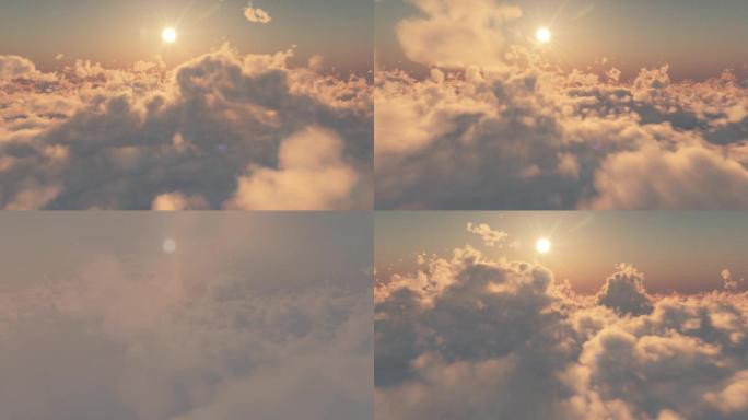 日落时飞越云层的无缝3D模拟