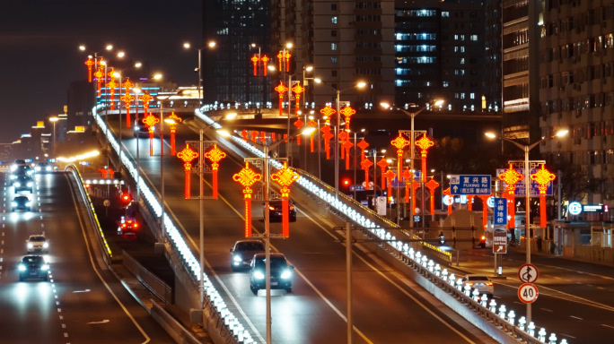 春节街道灯笼氛围 城市过年街道