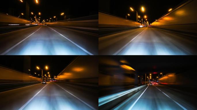 在夜间城市道路上高速行驶的汽车