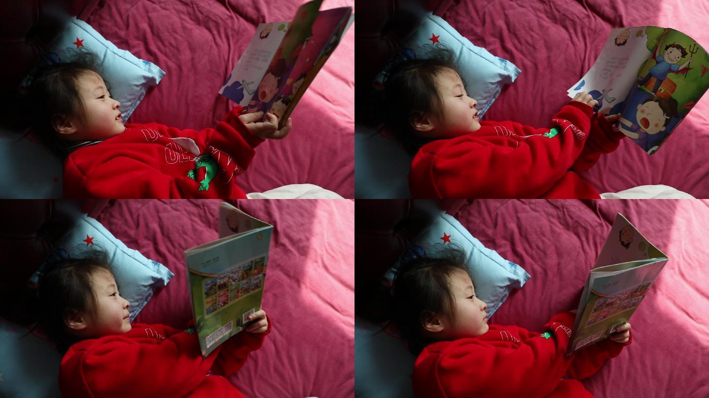 小女孩看书睡觉