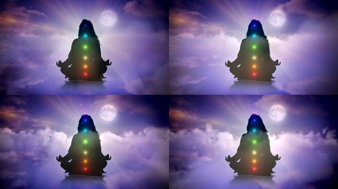 一个女人在天空冥想的剪影