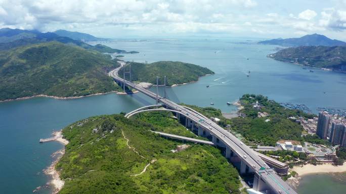香港青马大桥航拍大景全景地标建筑交通桥梁