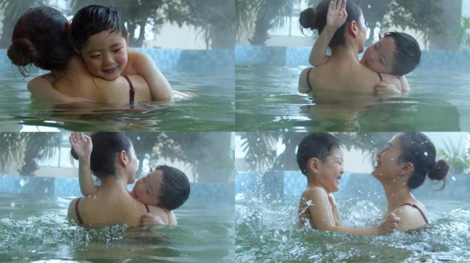 妈妈和小孩一起幸福泡温泉游泳