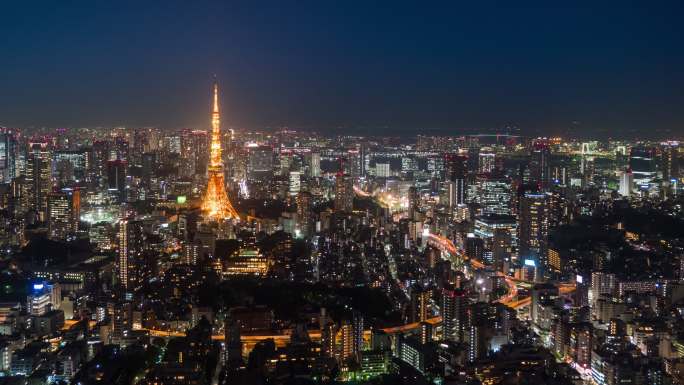 夜间东京商业区城市建筑快速发展航拍延时国