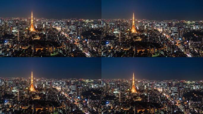 夜间东京商业区城市建筑快速发展航拍延时国