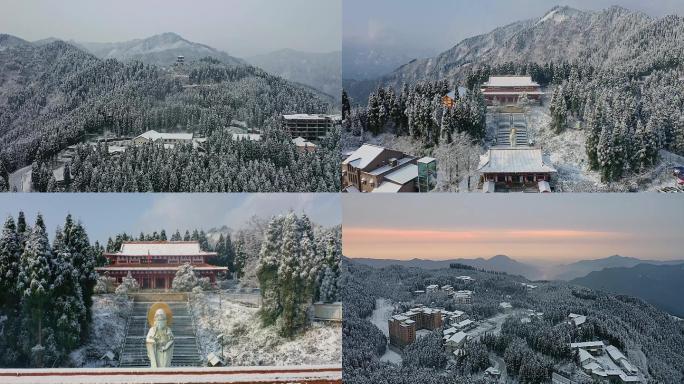 航拍雪中什邡钟鼎寺寺庙钟楼楼阁