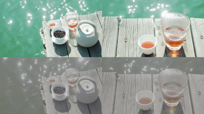 湖水边波光粼粼的茶汤茶叶，武夷山岩茶汤
