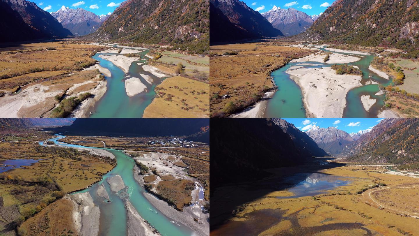 西藏念青唐古拉山脉峡谷的河流湿地和村庄