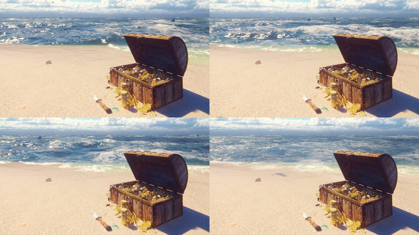 岸边有一个敞开的木制海盗箱
