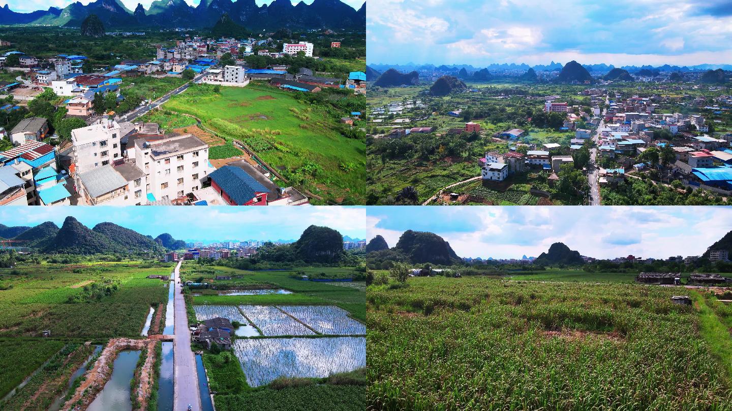 桂林湖塘路周边乡村建筑风光稻田