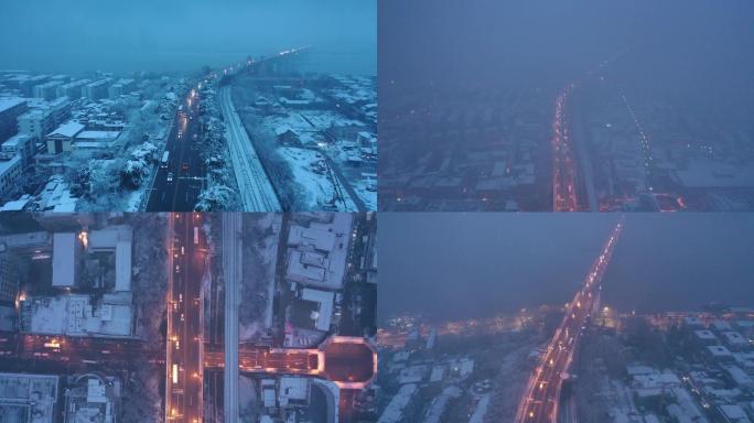 航拍武汉长江大桥雪景清晨