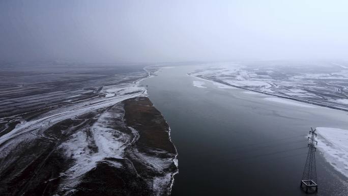 冬季黄河河流河套平原航拍