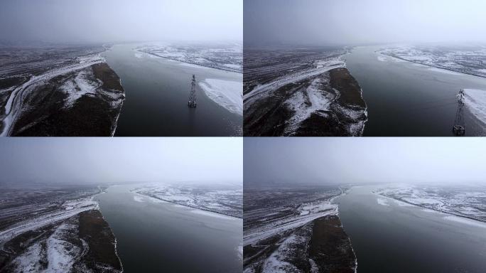 冬季黄河河流河套平原航拍