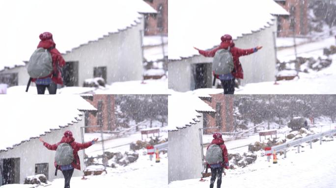 江南浙江山区大雪游客背包族户外冰天雪地