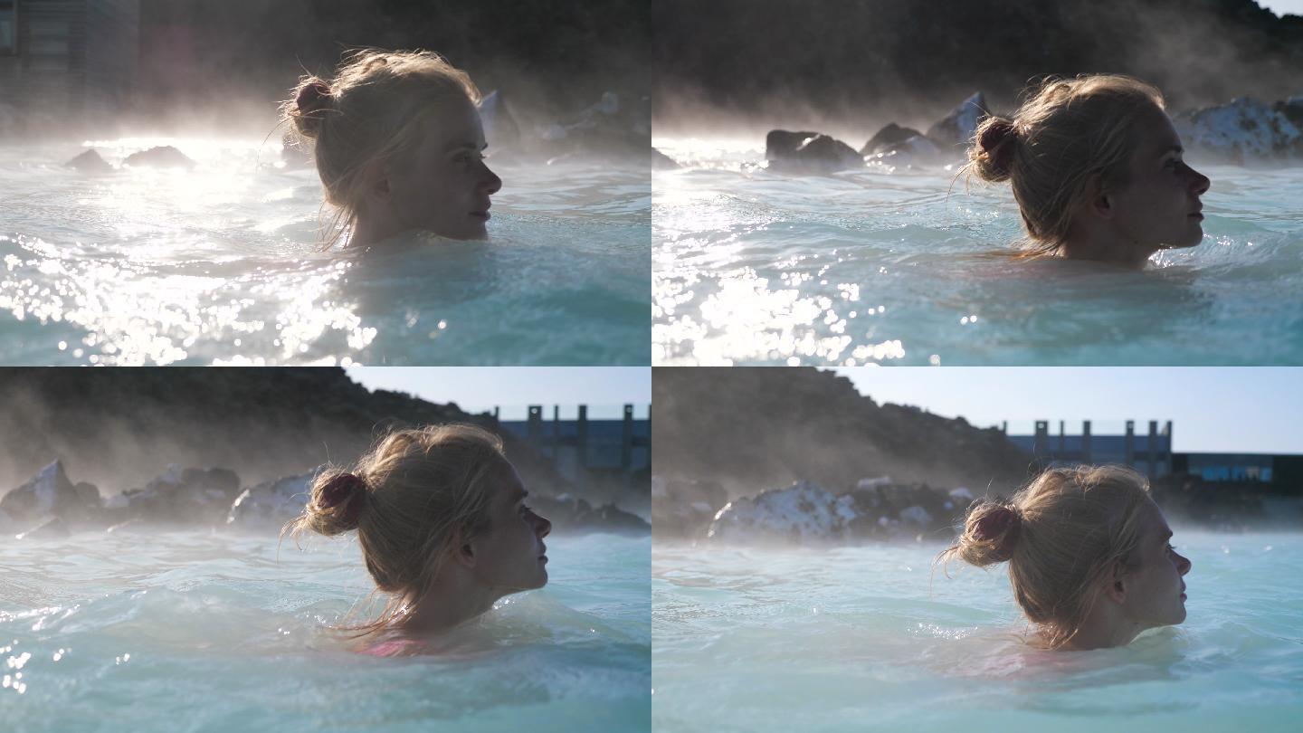 在冰岛温泉池放松的美女