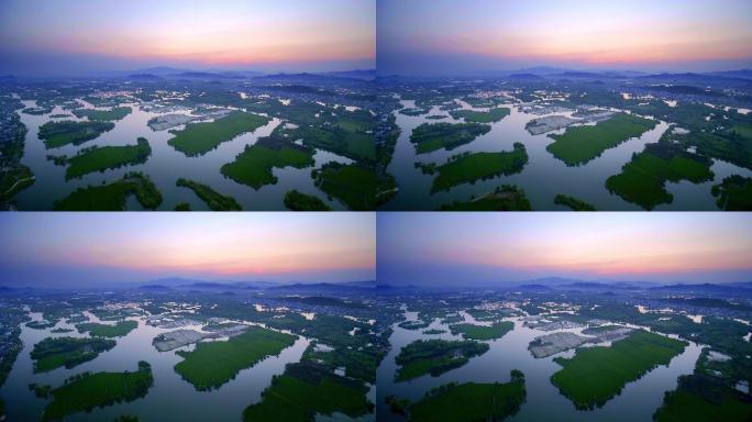 航拍夕阳下诸暨著名景点白塔湖国家湿地公园