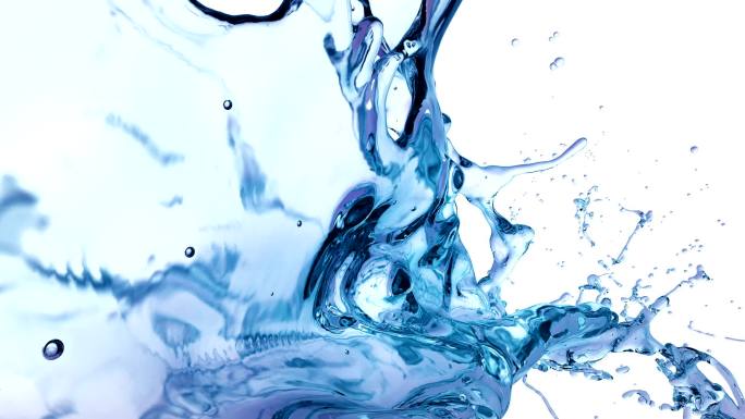 蓝色的水花。水滴粒子蓝色液体