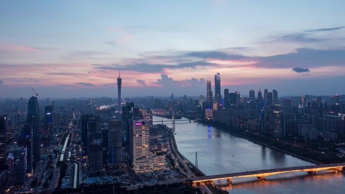 航拍广州琶洲和新中轴线日落夜景延时