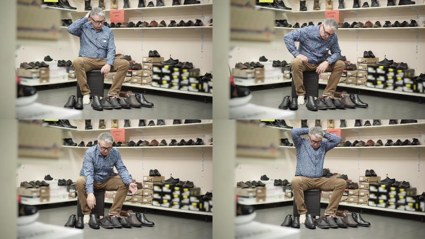 购买鞋子的老人选择困难症难以抉择犯难