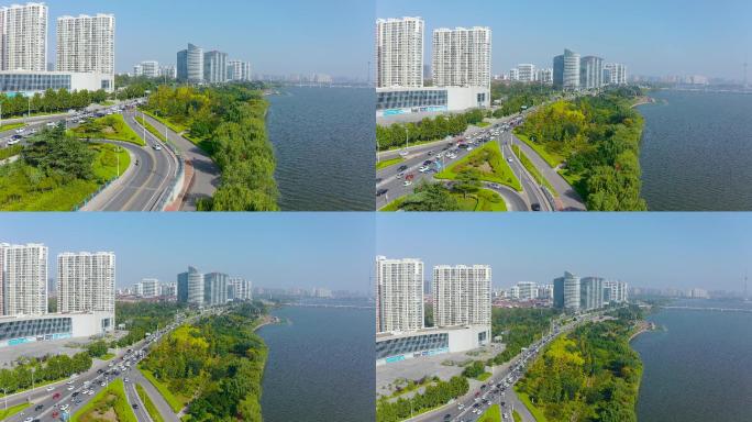 4K航拍山东省临沂市滨河路风景